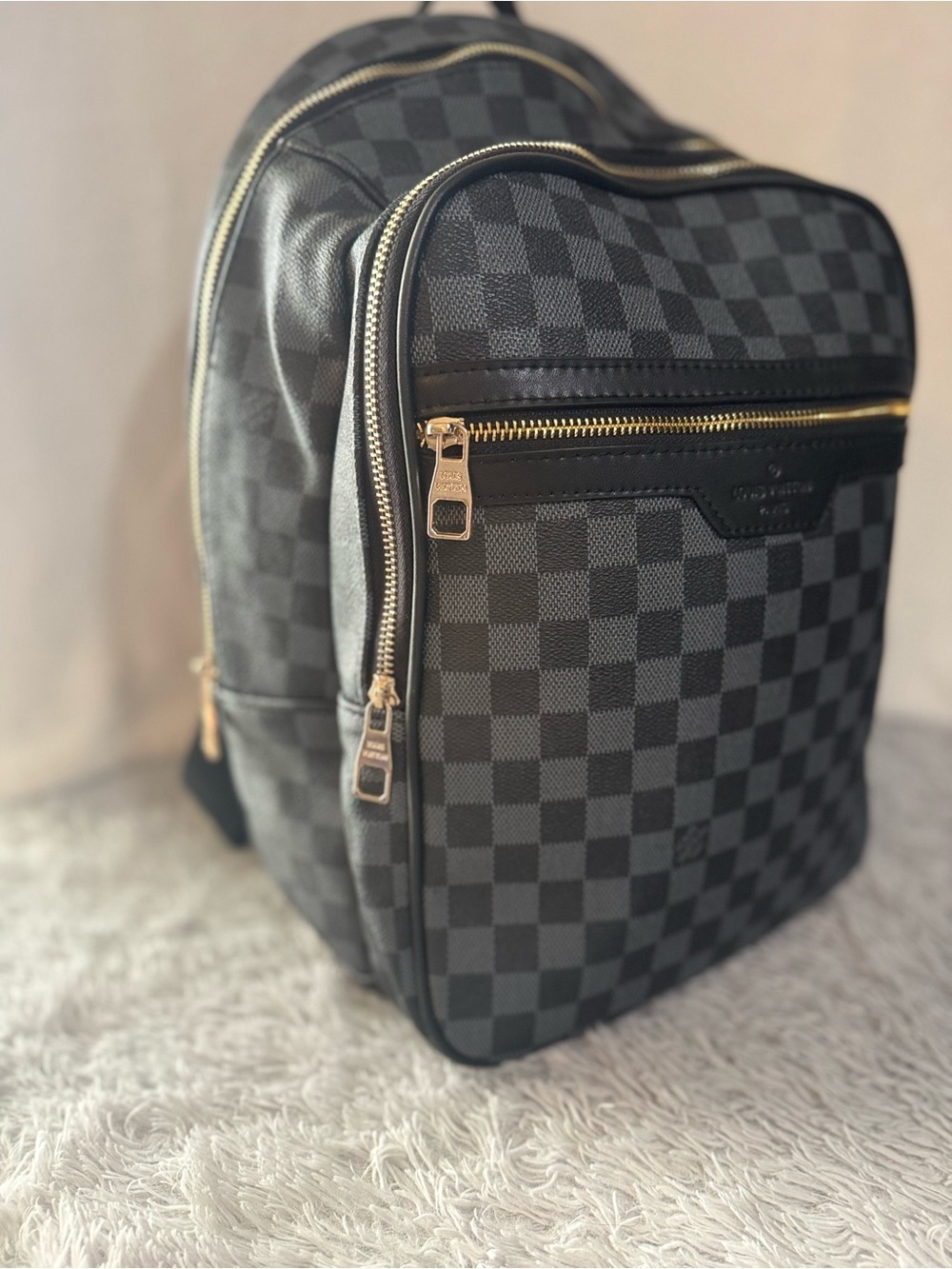 Checkerboard Backpack with Gold Zippers - Black & Dark Gray